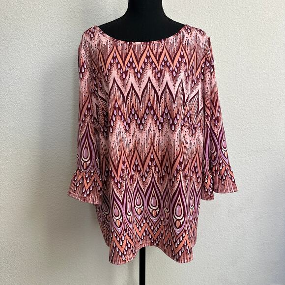 Bob Mackie Top 1X Plus Blouse Art to Wear Aztec Pink Designer Stretch Casual - Picture 1 of 11